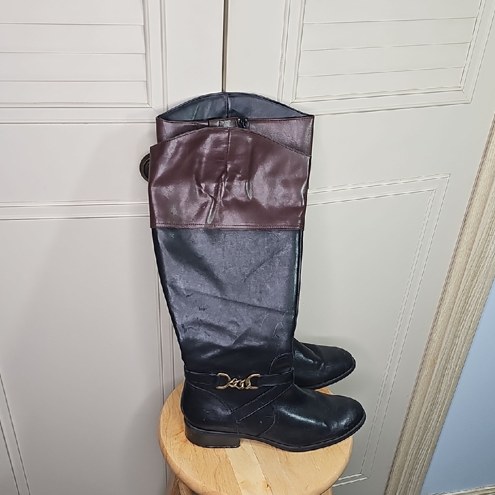 Boots By Ralph Lauren Leather Black & Brown With Brass Hardware Size 10